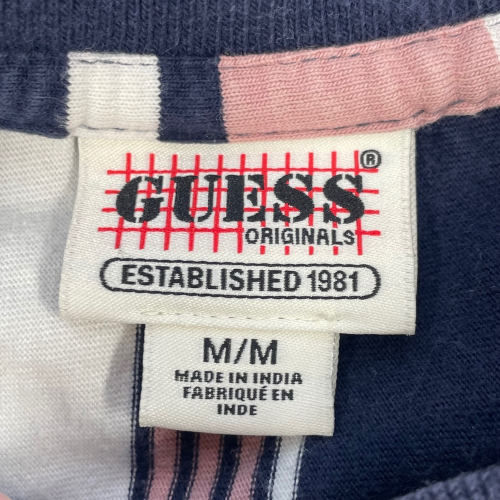 Guess Pink Navy White Striped Short Sleeve Logo T-Shirt Mens Medium - Picture 3 of 6